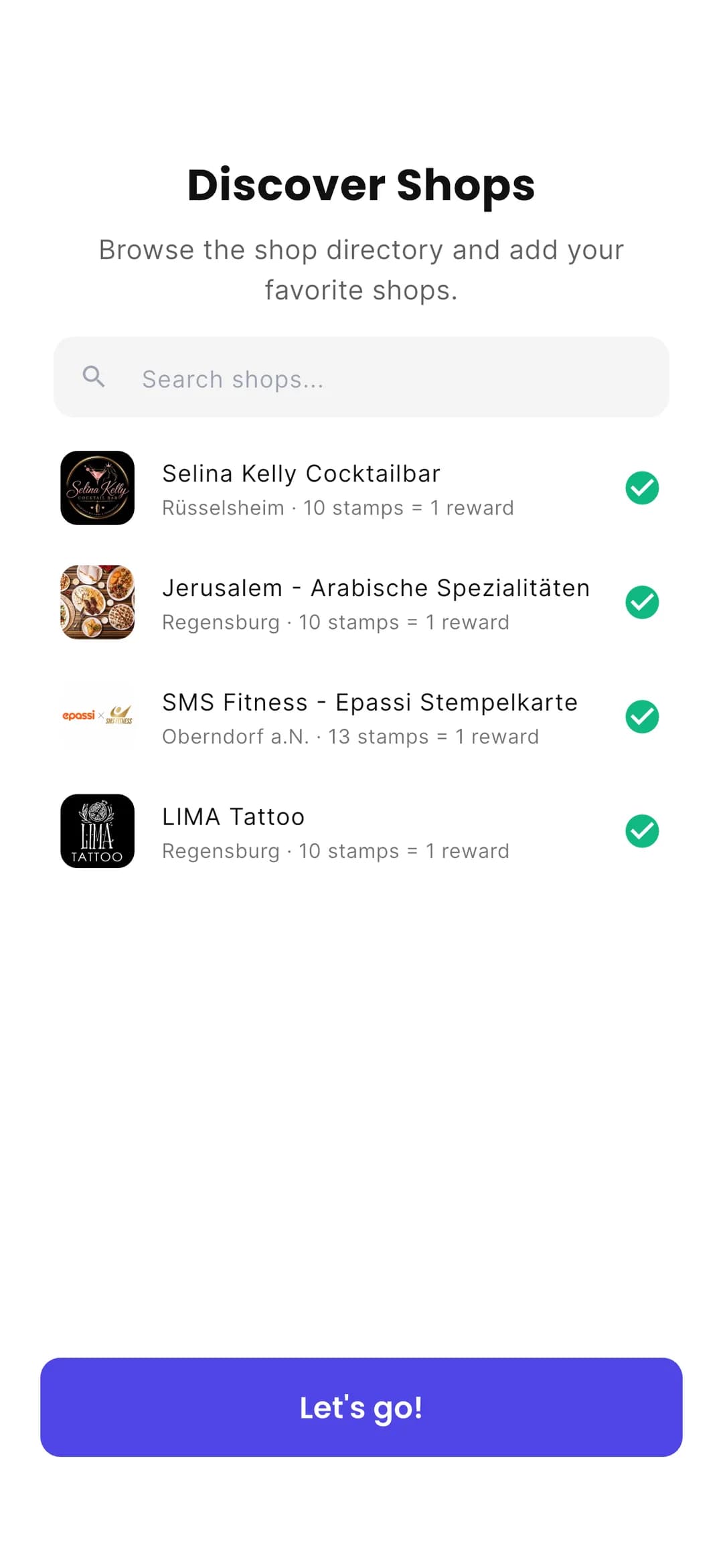 Stempely app: directory of participating shops