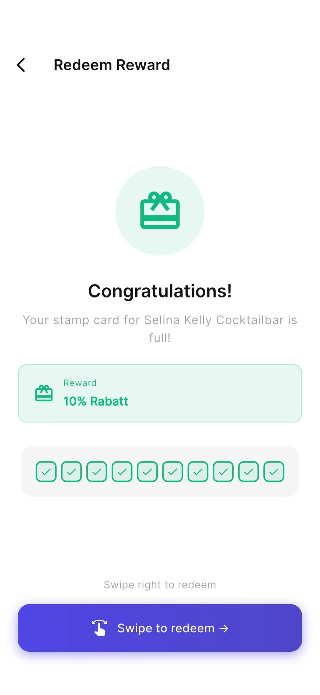 Stempely app: full loyalty card with a “Redeem” button