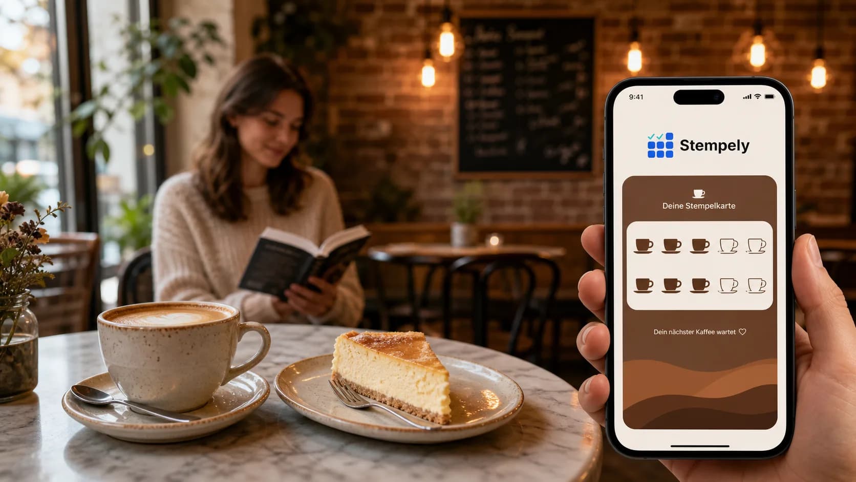 Barista using the Stempely app at the espresso machine, digital stamp card for café and coffee shop