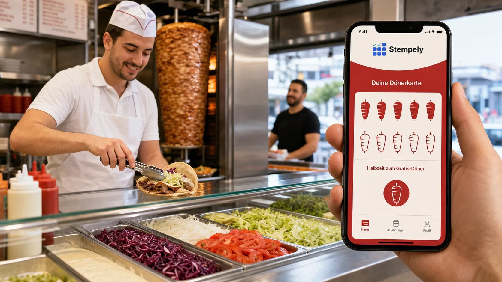 Doner chef using the Stempely app at the kebab counter, digital loyalty card for doner shops