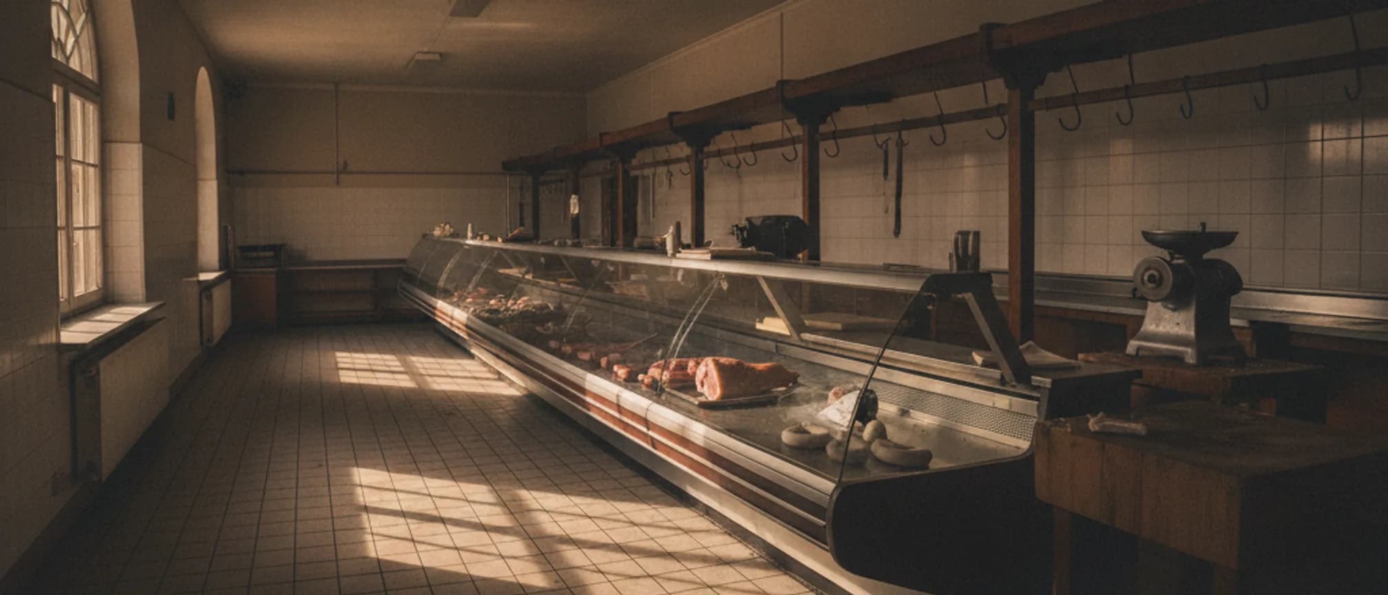 Empty meat counter in the late afternoon — a symbol of regulars who stop coming